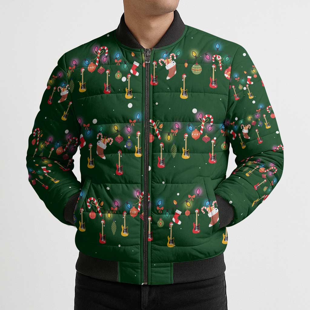 Ornaments on Green Snowy Background Bomber Puffer Jacket with Electric Guitars Santa Candy Canes - Wonder Print Shop