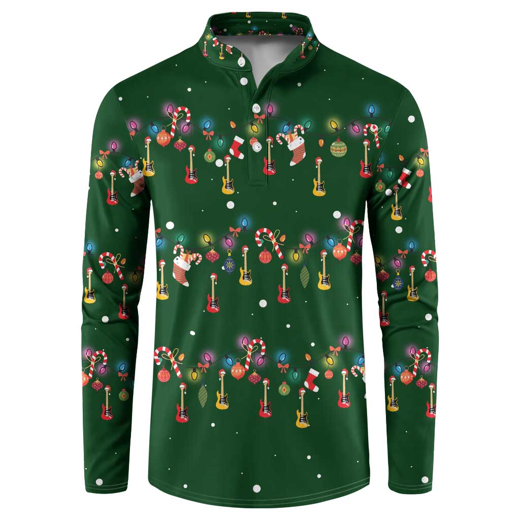 Ornaments on Green Snowy Background Button Sweatshirt with Electric Guitars Santa Candy Canes - Wonder Print Shop