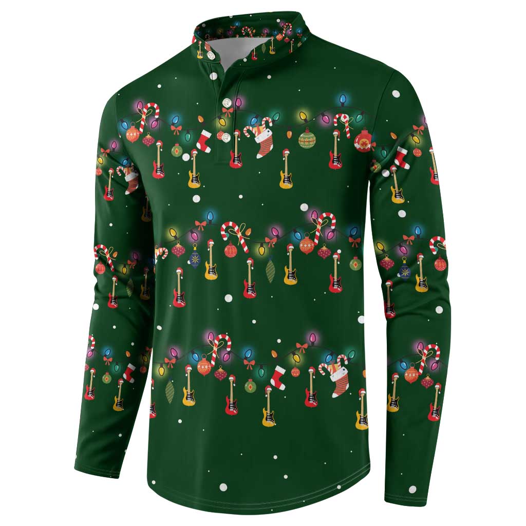 Ornaments on Green Snowy Background Button Sweatshirt with Electric Guitars Santa Candy Canes - Wonder Print Shop