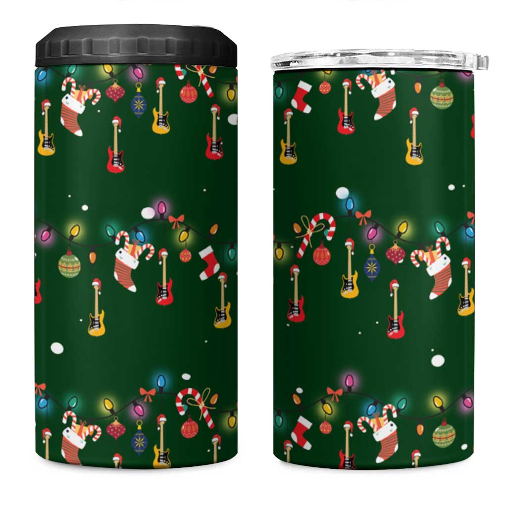 Ornaments on Green Snowy Background 4 in 1 Can Cooler Tumbler with Electric Guitars Santa Candy Canes - Wonder Print Shop