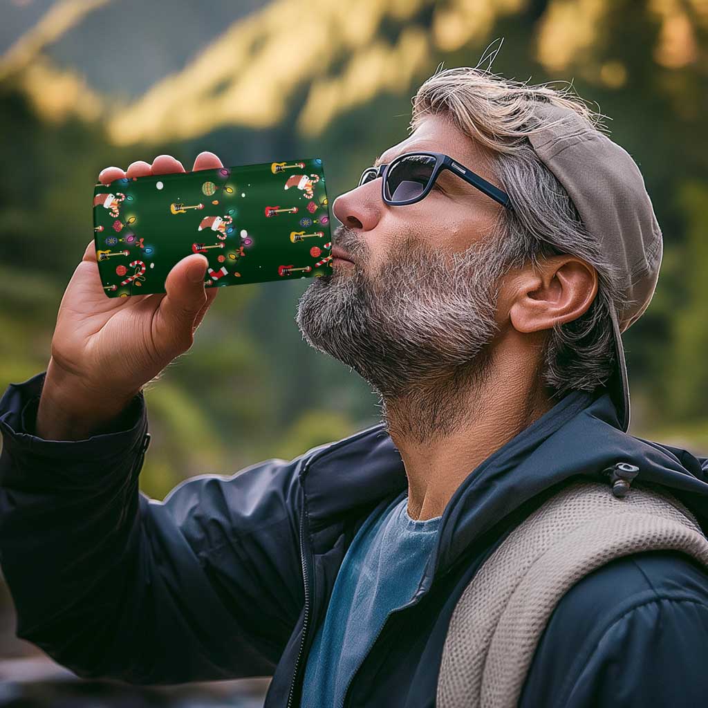 Ornaments on Green Snowy Background 4 in 1 Can Cooler Tumbler with Electric Guitars Santa Candy Canes - Wonder Print Shop