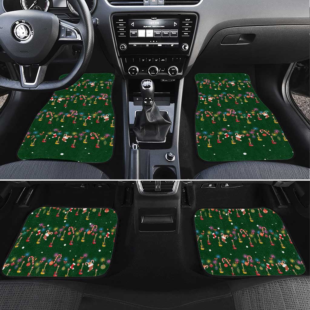 Ornaments on Green Snowy Background Car Mats with Electric Guitars Santa Candy Canes - Wonder Print Shop