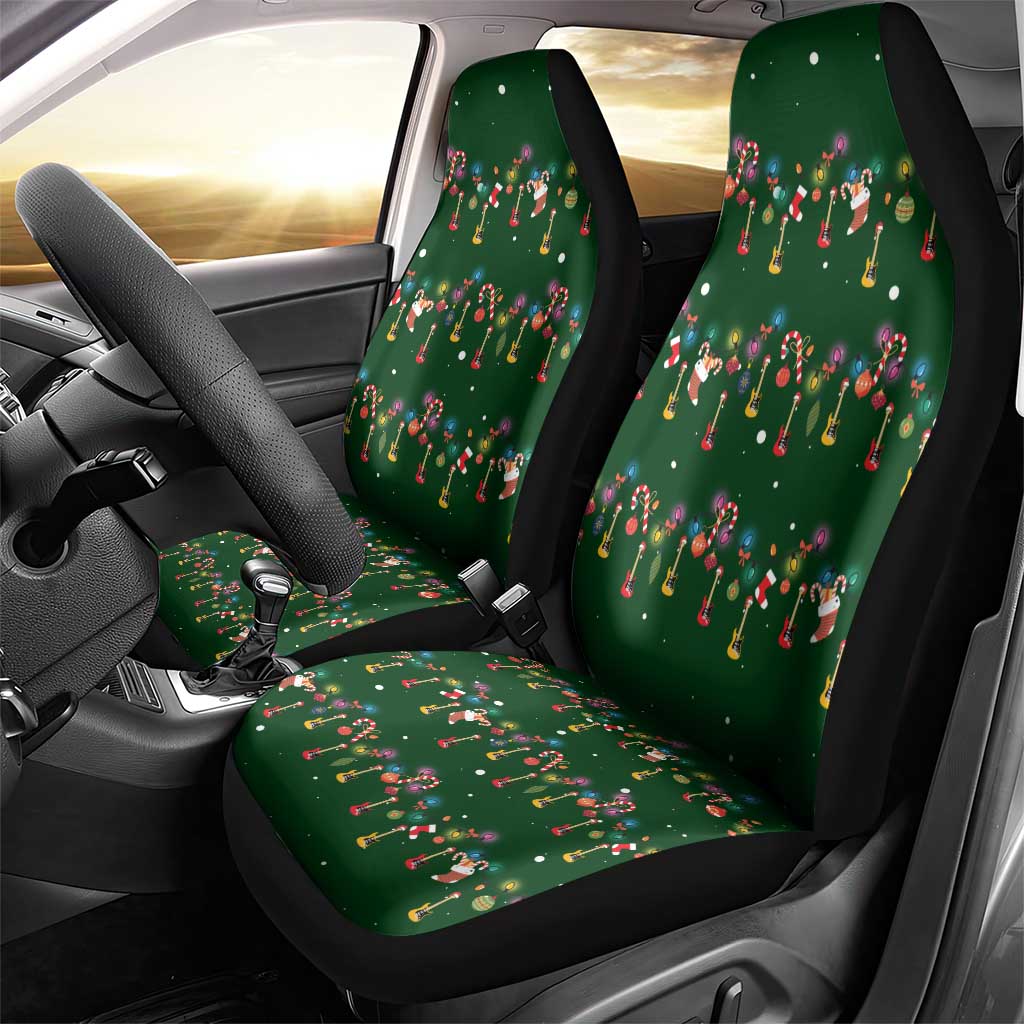 Ornaments on Green Snowy Background Car Seat Cover with Electric Guitars Santa Candy Canes - Wonder Print Shop