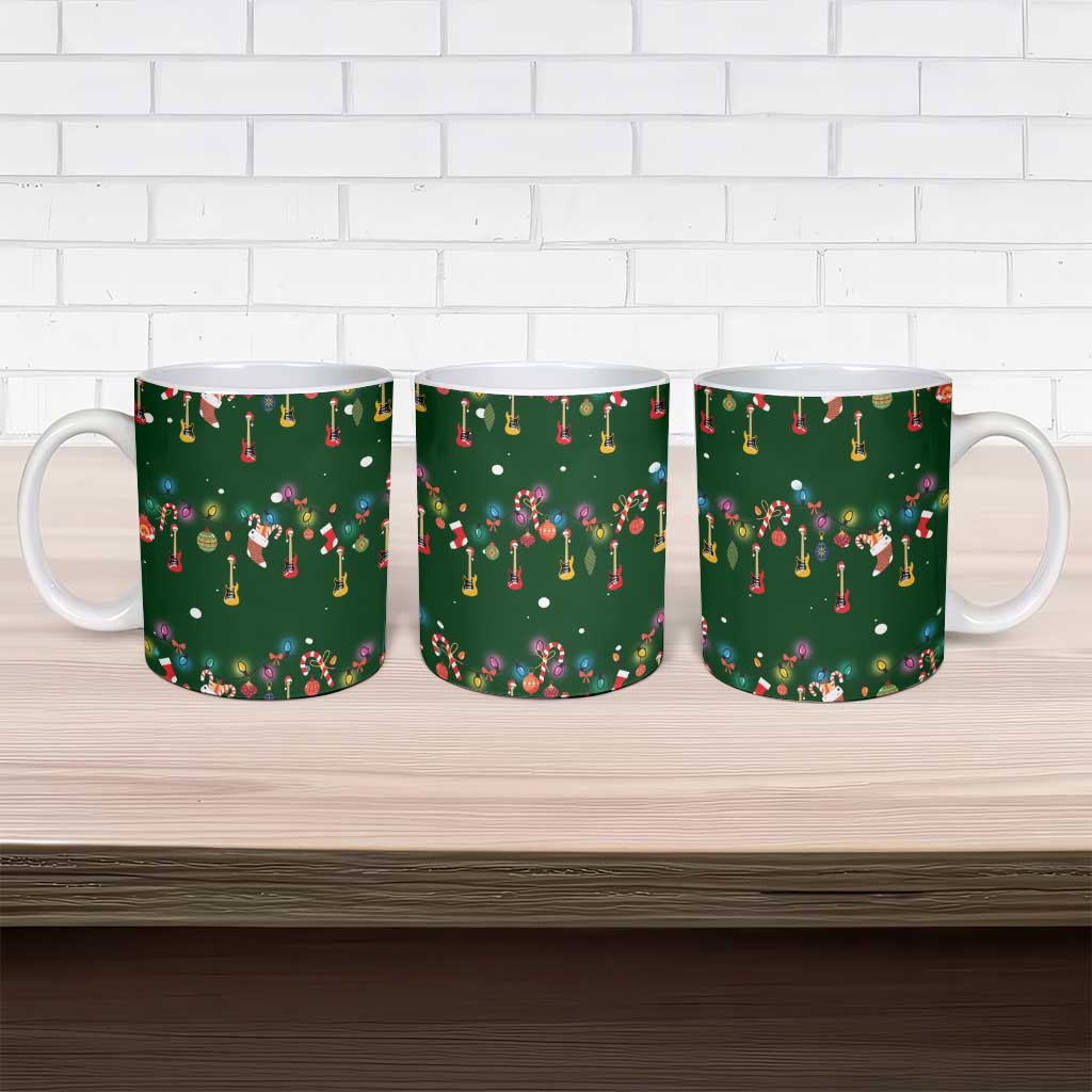 Ornaments on Green Snowy Background Ceramic Mug with Electric Guitars Santa Candy Canes - Wonder Print Shop