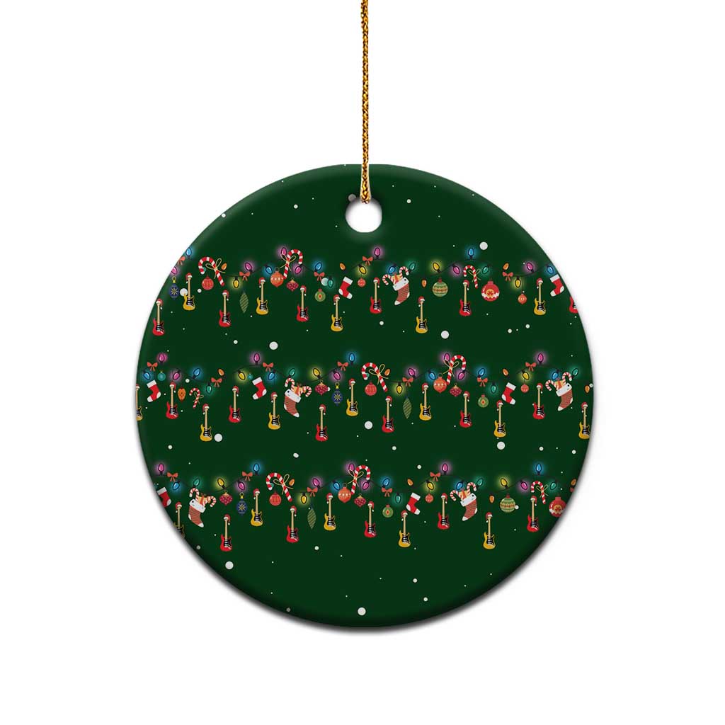 Ornaments on Green Snowy Background Ceramic Ornament with Electric Guitars Santa Candy Canes - Wonder Print Shop