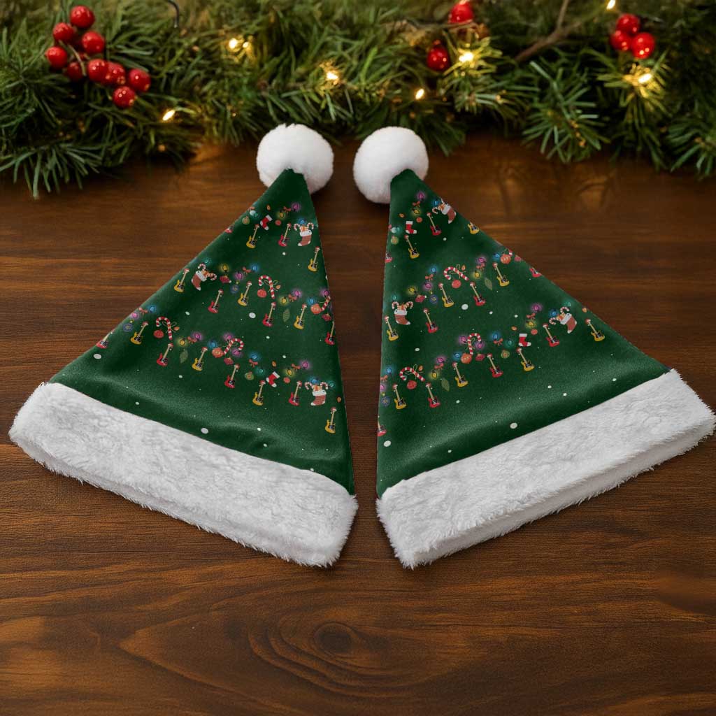 Ornaments on Green Snowy Background Christmas Santa Hat with Electric Guitars Santa Candy Canes - Wonder Print Shop