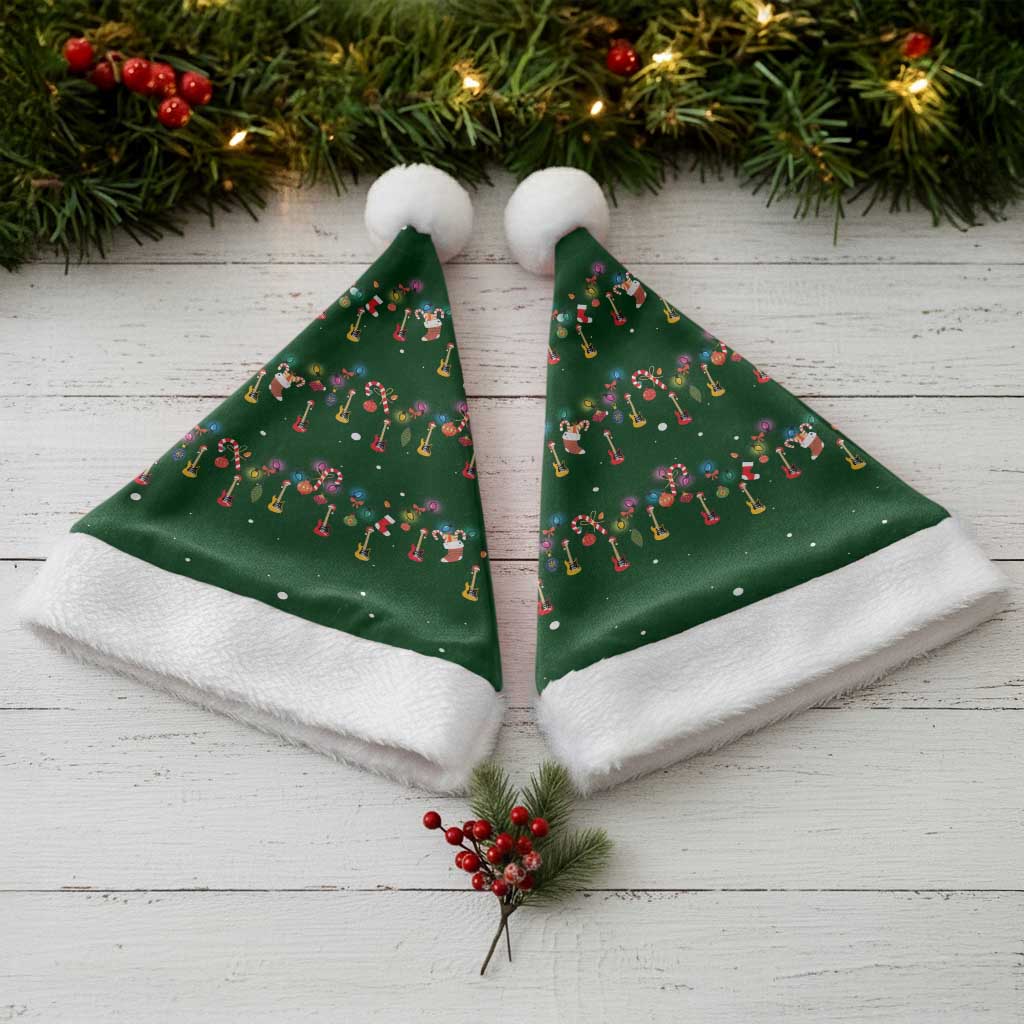Ornaments on Green Snowy Background Christmas Santa Hat with Electric Guitars Santa Candy Canes - Wonder Print Shop