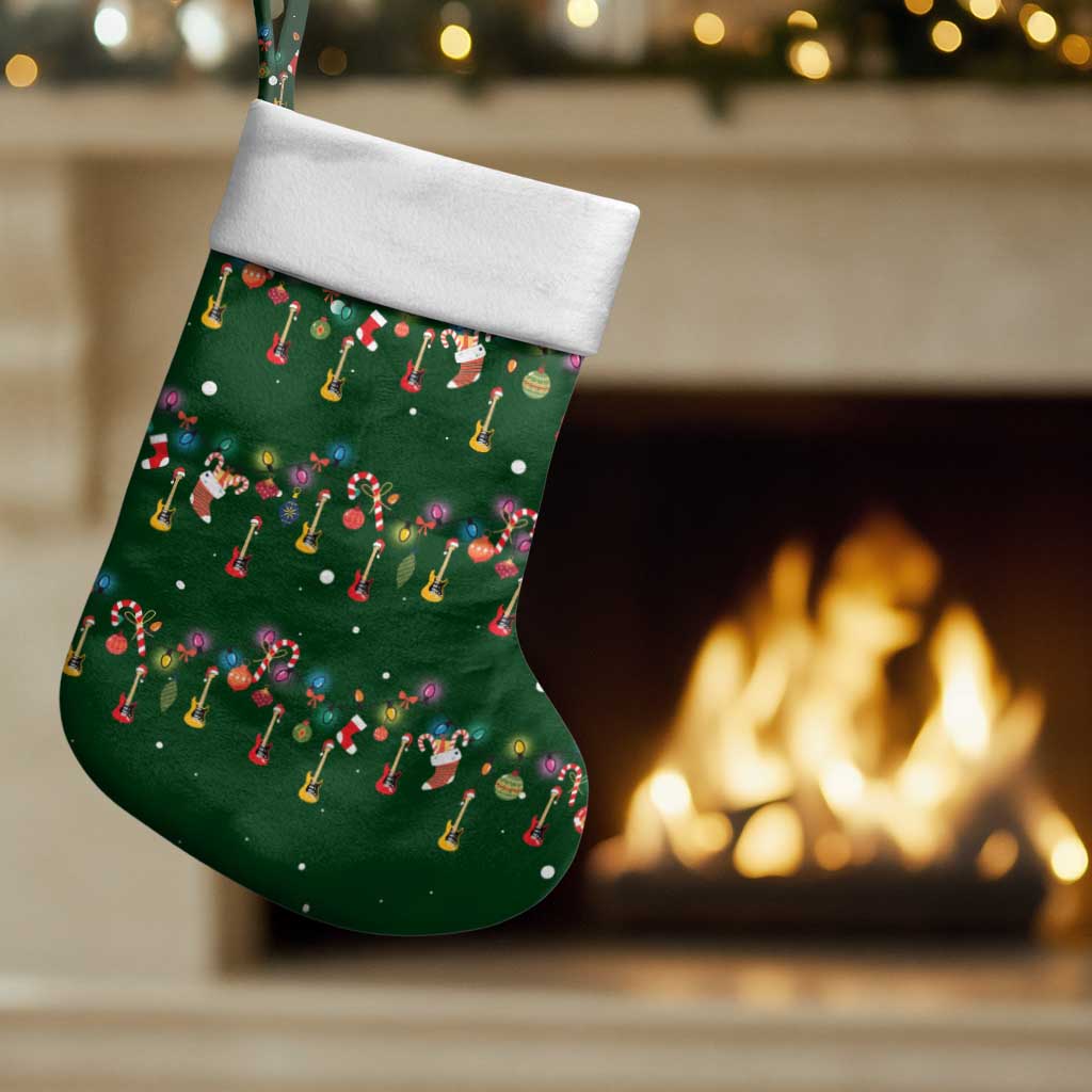 Ornaments on Green Snowy Background Christmas Stocking with Electric Guitars Santa Candy Canes - Wonder Print Shop