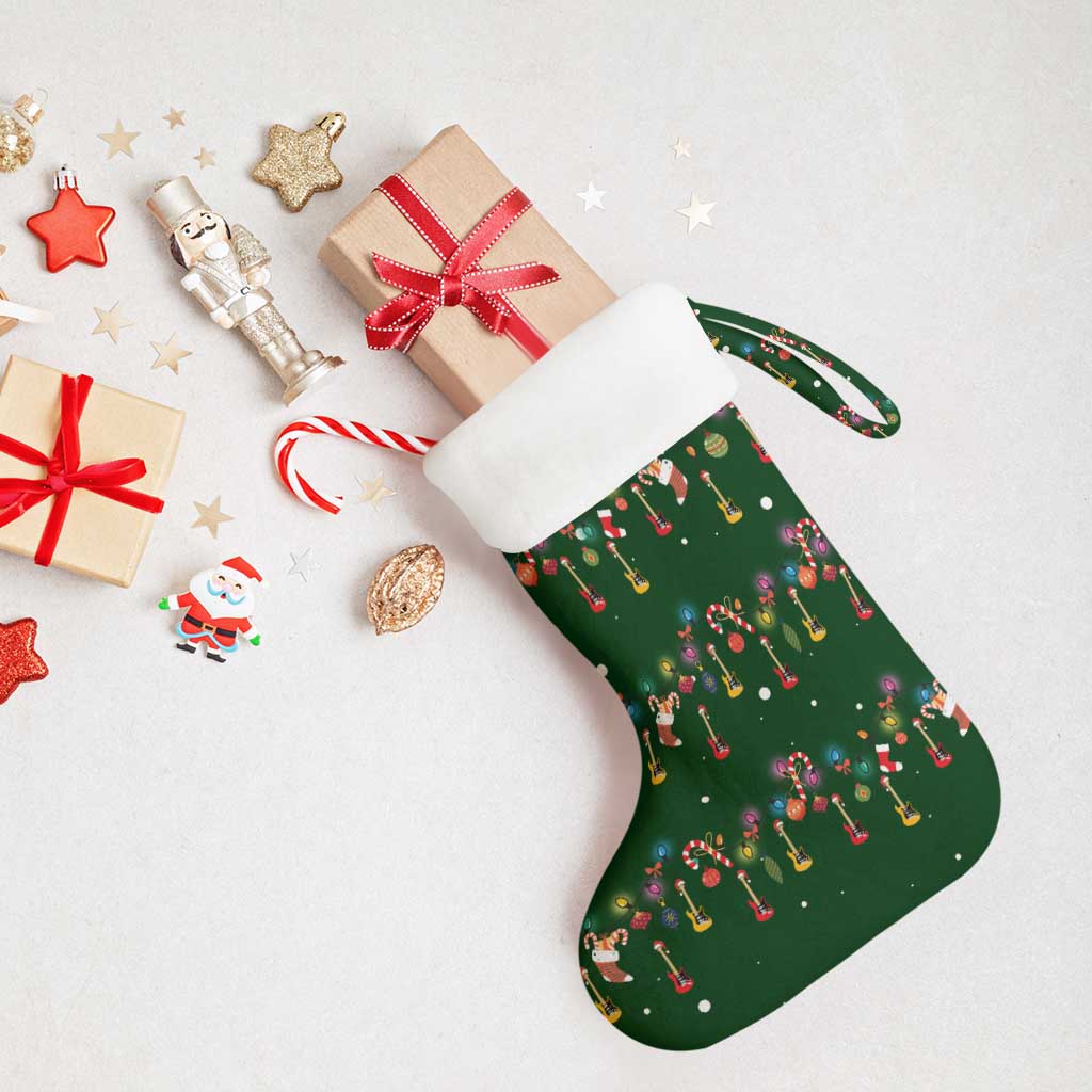Ornaments on Green Snowy Background Christmas Stocking with Electric Guitars Santa Candy Canes - Wonder Print Shop