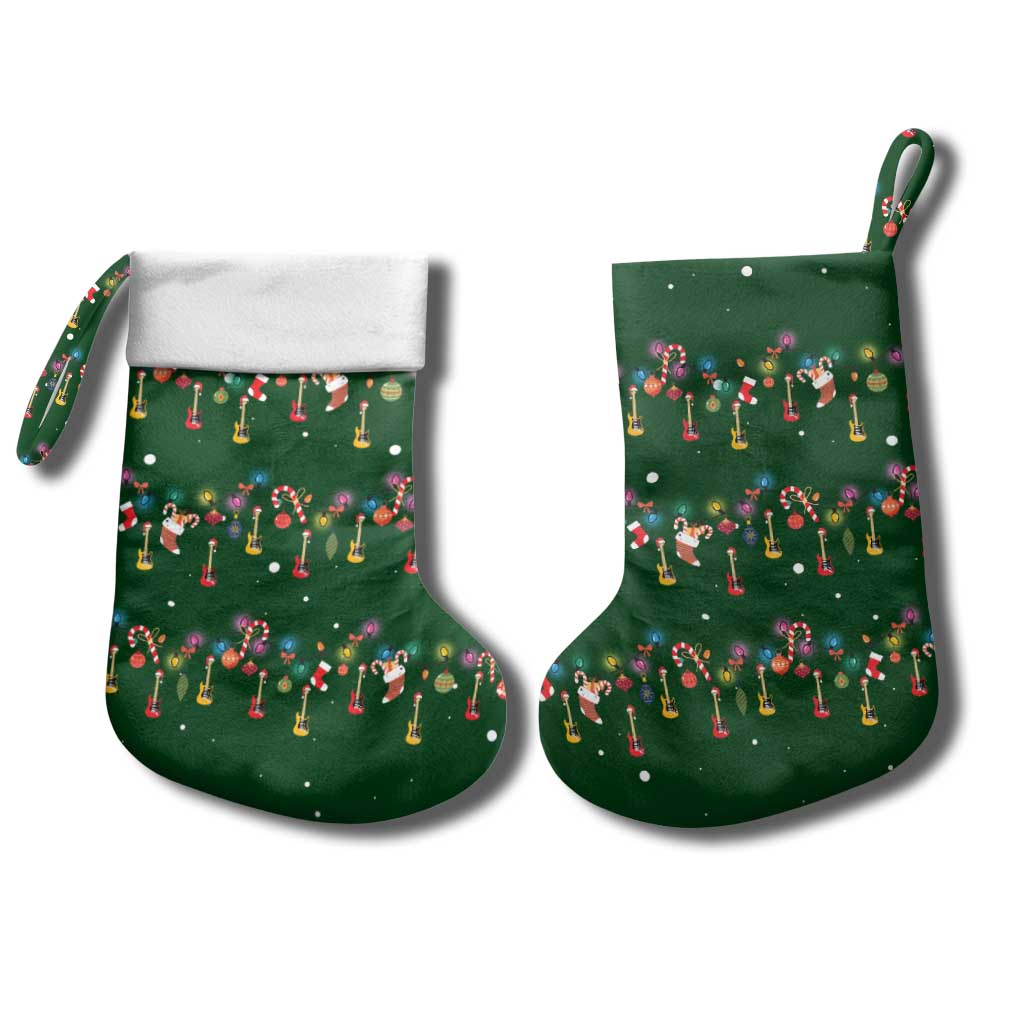 Ornaments on Green Snowy Background Christmas Stocking with Electric Guitars Santa Candy Canes - Wonder Print Shop