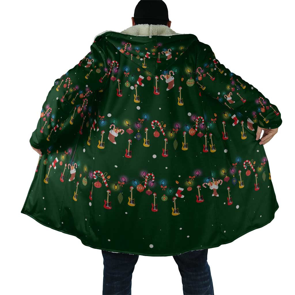 Ornaments on Green Snowy Background Cloak with Electric Guitars Santa Candy Canes - Wonder Print Shop