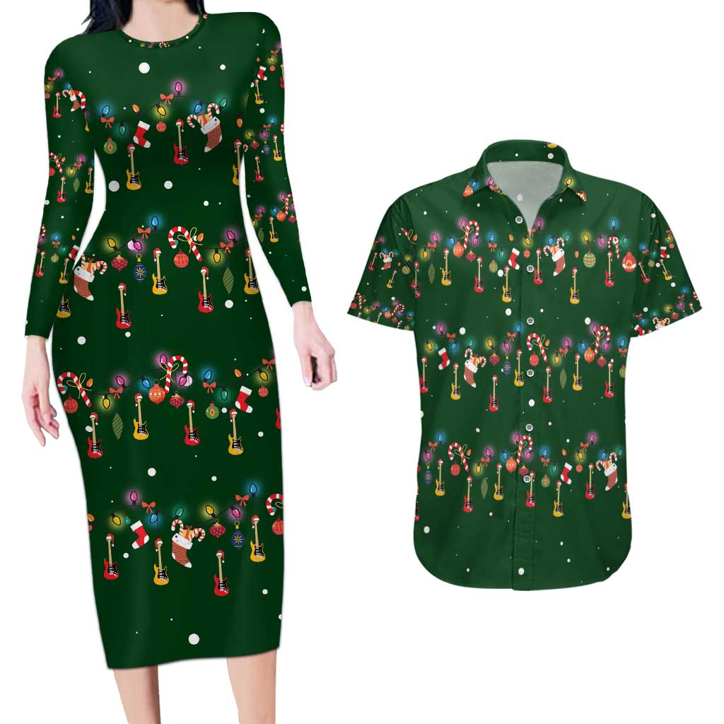 Ornaments on Green Snowy Background Couples Matching Long Sleeve Bodycon Dress and Hawaiian Shirt with Electric Guitars Santa Candy Canes - Wonder Print Shop