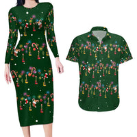 Ornaments on Green Snowy Background Couples Matching Long Sleeve Bodycon Dress and Hawaiian Shirt with Electric Guitars Santa Candy Canes - Wonder Print Shop
