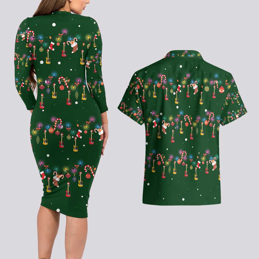 Ornaments on Green Snowy Background Couples Matching Long Sleeve Bodycon Dress and Hawaiian Shirt with Electric Guitars Santa Candy Canes - Wonder Print Shop