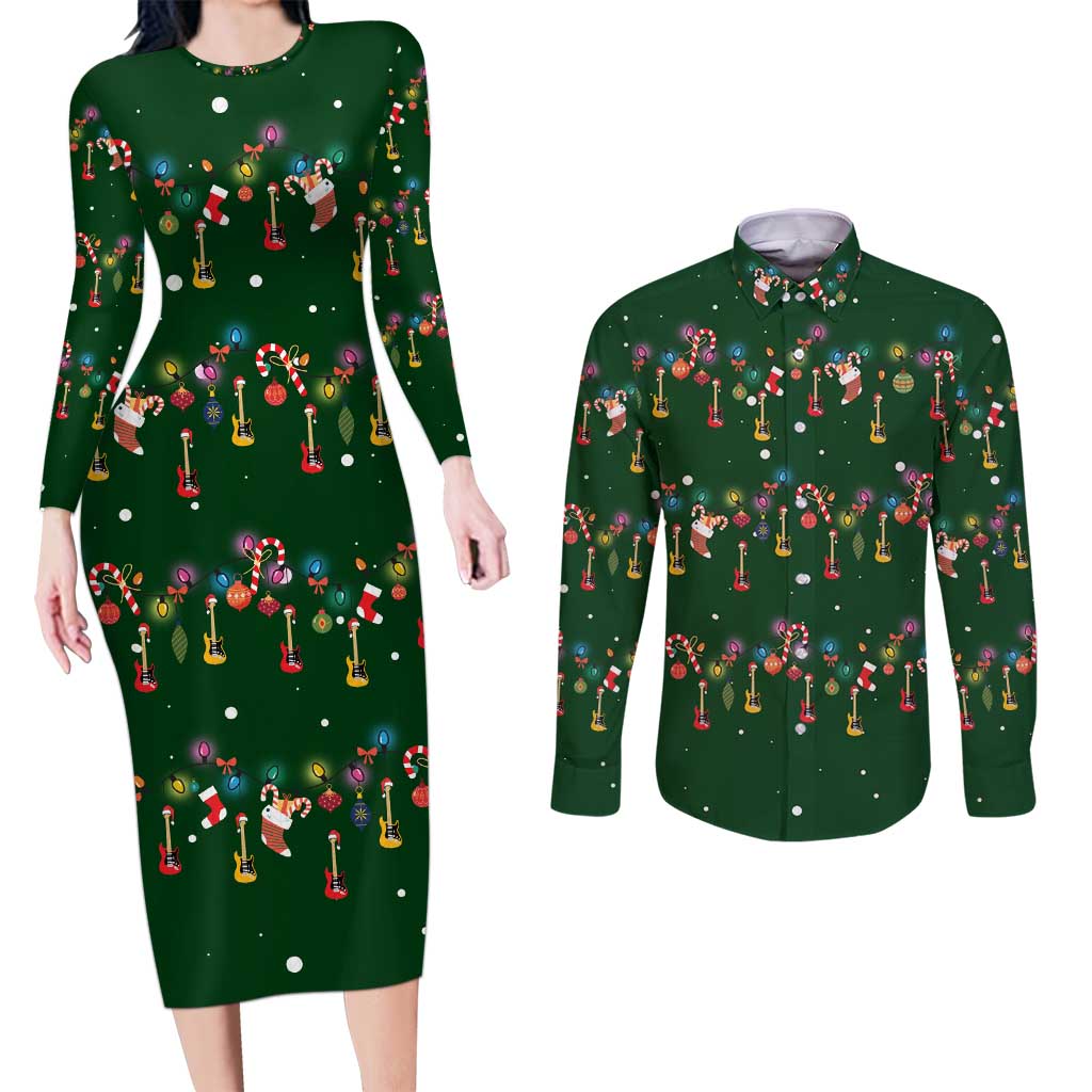 Ornaments on Green Snowy Background Couples Matching Long Sleeve Bodycon Dress and Long Sleeve Button Shirt with Electric Guitars Santa Candy Canes - Wonder Print Shop
