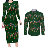 Ornaments on Green Snowy Background Couples Matching Long Sleeve Bodycon Dress and Long Sleeve Button Shirt with Electric Guitars Santa Candy Canes - Wonder Print Shop