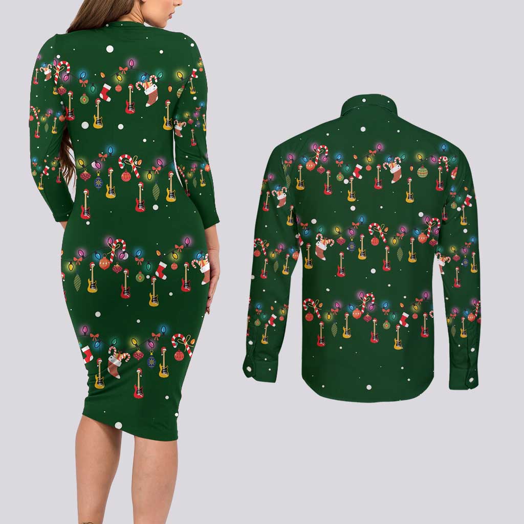 Ornaments on Green Snowy Background Couples Matching Long Sleeve Bodycon Dress and Long Sleeve Button Shirt with Electric Guitars Santa Candy Canes - Wonder Print Shop