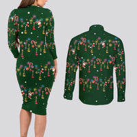 Ornaments on Green Snowy Background Couples Matching Long Sleeve Bodycon Dress and Long Sleeve Button Shirt with Electric Guitars Santa Candy Canes - Wonder Print Shop