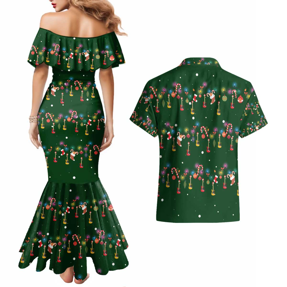 Ornaments on Green Snowy Background Couples Matching Mermaid Dress and Hawaiian Shirt with Electric Guitars Santa Candy Canes - Wonder Print Shop