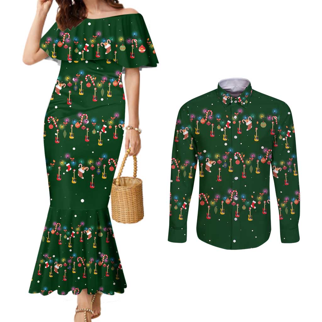 Ornaments on Green Snowy Background Couples Matching Mermaid Dress and Long Sleeve Button Shirt with Electric Guitars Santa Candy Canes - Wonder Print Shop