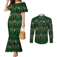 Ornaments on Green Snowy Background Couples Matching Mermaid Dress and Long Sleeve Button Shirt with Electric Guitars Santa Candy Canes - Wonder Print Shop