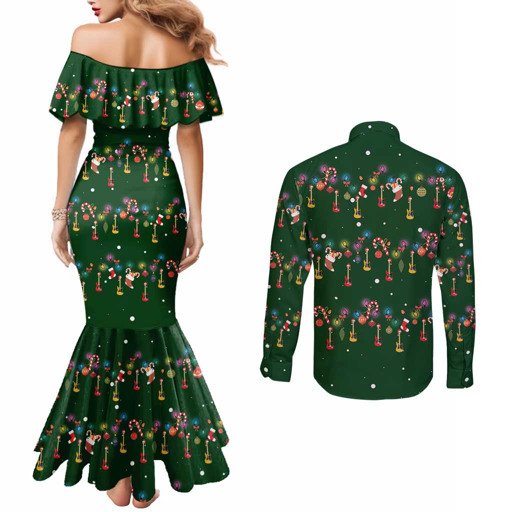 Ornaments on Green Snowy Background Couples Matching Mermaid Dress and Long Sleeve Button Shirt with Electric Guitars Santa Candy Canes - Wonder Print Shop
