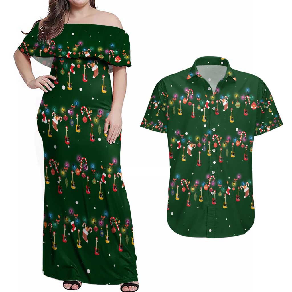 Ornaments on Green Snowy Background Couples Matching Off Shoulder Maxi Dress and Hawaiian Shirt with Electric Guitars Santa Candy Canes - Wonder Print Shop