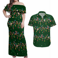 Ornaments on Green Snowy Background Couples Matching Off Shoulder Maxi Dress and Hawaiian Shirt with Electric Guitars Santa Candy Canes - Wonder Print Shop