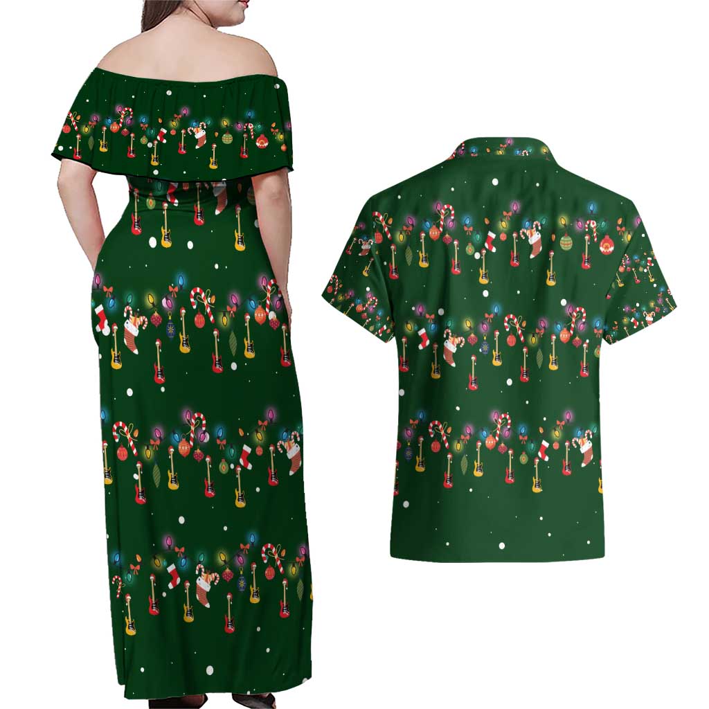 Ornaments on Green Snowy Background Couples Matching Off Shoulder Maxi Dress and Hawaiian Shirt with Electric Guitars Santa Candy Canes - Wonder Print Shop