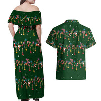 Ornaments on Green Snowy Background Couples Matching Off Shoulder Maxi Dress and Hawaiian Shirt with Electric Guitars Santa Candy Canes - Wonder Print Shop