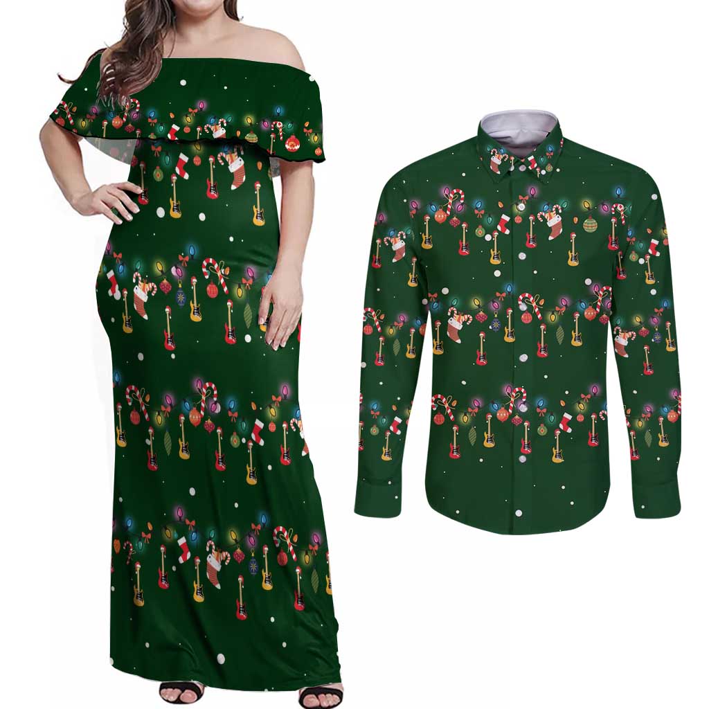 Ornaments on Green Snowy Background Couples Matching Off Shoulder Maxi Dress and Long Sleeve Button Shirt with Electric Guitars Santa Candy Canes - Wonder Print Shop