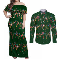 Ornaments on Green Snowy Background Couples Matching Off Shoulder Maxi Dress and Long Sleeve Button Shirt with Electric Guitars Santa Candy Canes - Wonder Print Shop