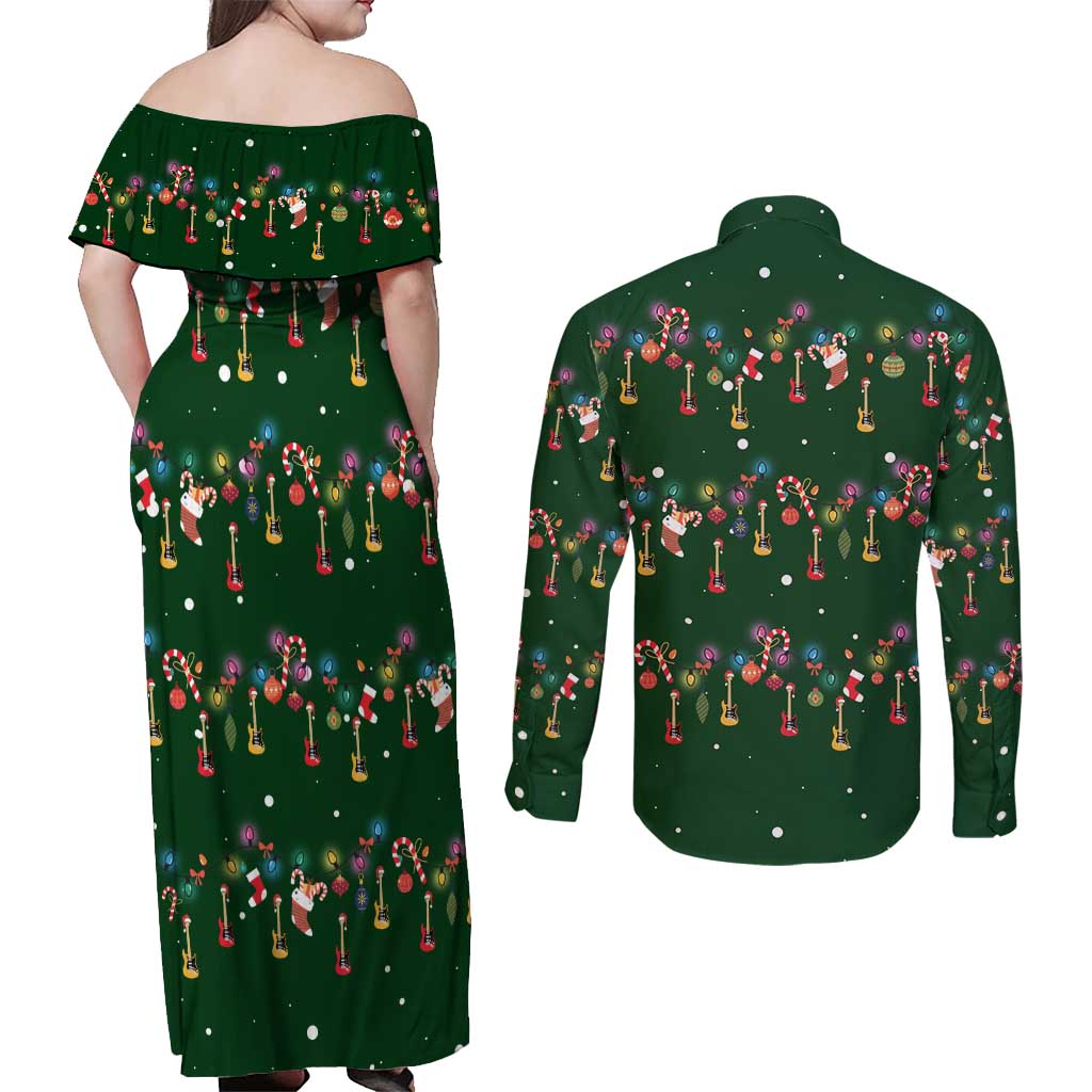 Ornaments on Green Snowy Background Couples Matching Off Shoulder Maxi Dress and Long Sleeve Button Shirt with Electric Guitars Santa Candy Canes - Wonder Print Shop