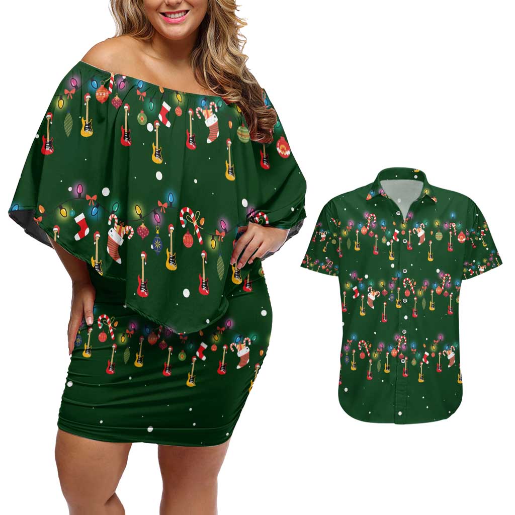 Ornaments on Green Snowy Background Couples Matching Off Shoulder Short Dress and Hawaiian Shirt with Electric Guitars Santa Candy Canes - Wonder Print Shop