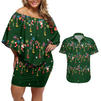 Ornaments on Green Snowy Background Couples Matching Off Shoulder Short Dress and Hawaiian Shirt with Electric Guitars Santa Candy Canes - Wonder Print Shop
