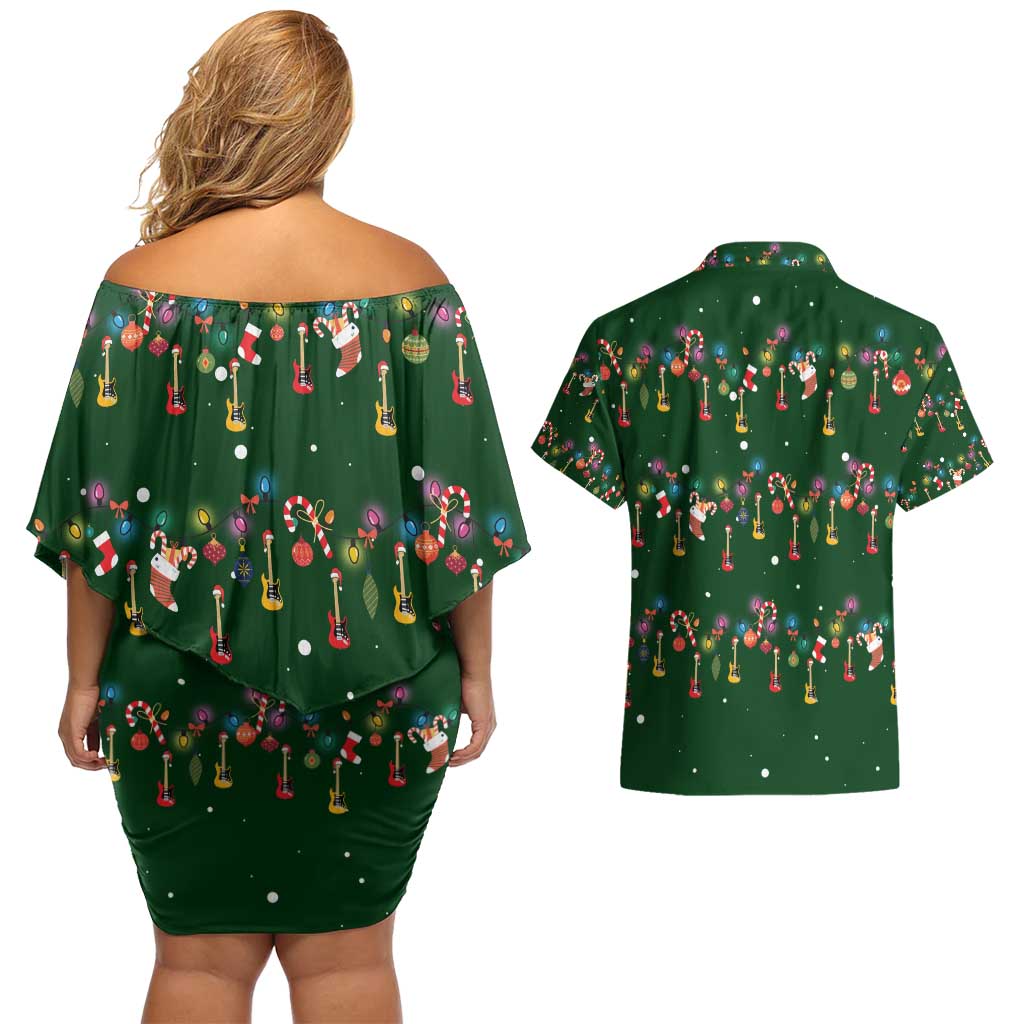 Ornaments on Green Snowy Background Couples Matching Off Shoulder Short Dress and Hawaiian Shirt with Electric Guitars Santa Candy Canes - Wonder Print Shop