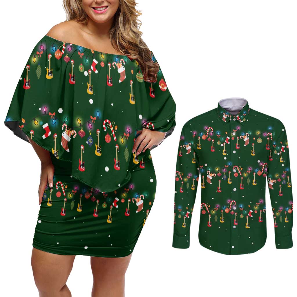 Ornaments on Green Snowy Background Couples Matching Off Shoulder Short Dress and Long Sleeve Button Shirt with Electric Guitars Santa Candy Canes - Wonder Print Shop