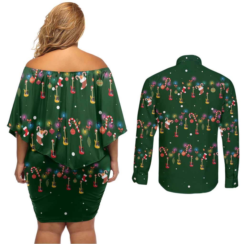 Ornaments on Green Snowy Background Couples Matching Off Shoulder Short Dress and Long Sleeve Button Shirt with Electric Guitars Santa Candy Canes - Wonder Print Shop