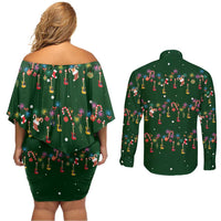 Ornaments on Green Snowy Background Couples Matching Off Shoulder Short Dress and Long Sleeve Button Shirt with Electric Guitars Santa Candy Canes - Wonder Print Shop