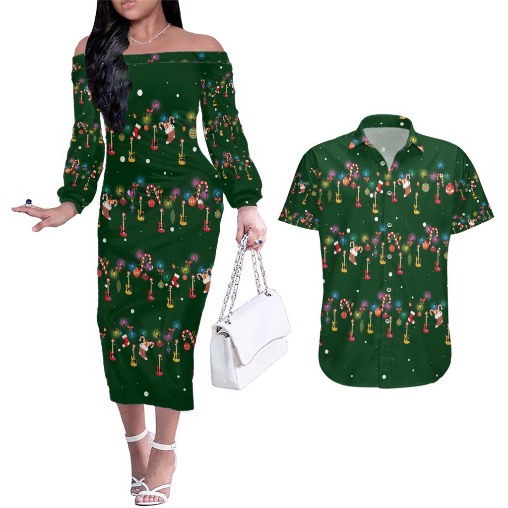 Ornaments on Green Snowy Background Couples Matching Off The Shoulder Long Sleeve Dress and Hawaiian Shirt with Electric Guitars Santa Candy Canes - Wonder Print Shop