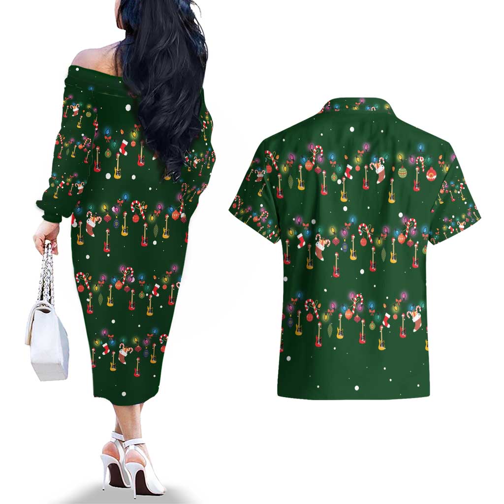 Ornaments on Green Snowy Background Couples Matching Off The Shoulder Long Sleeve Dress and Hawaiian Shirt with Electric Guitars Santa Candy Canes - Wonder Print Shop