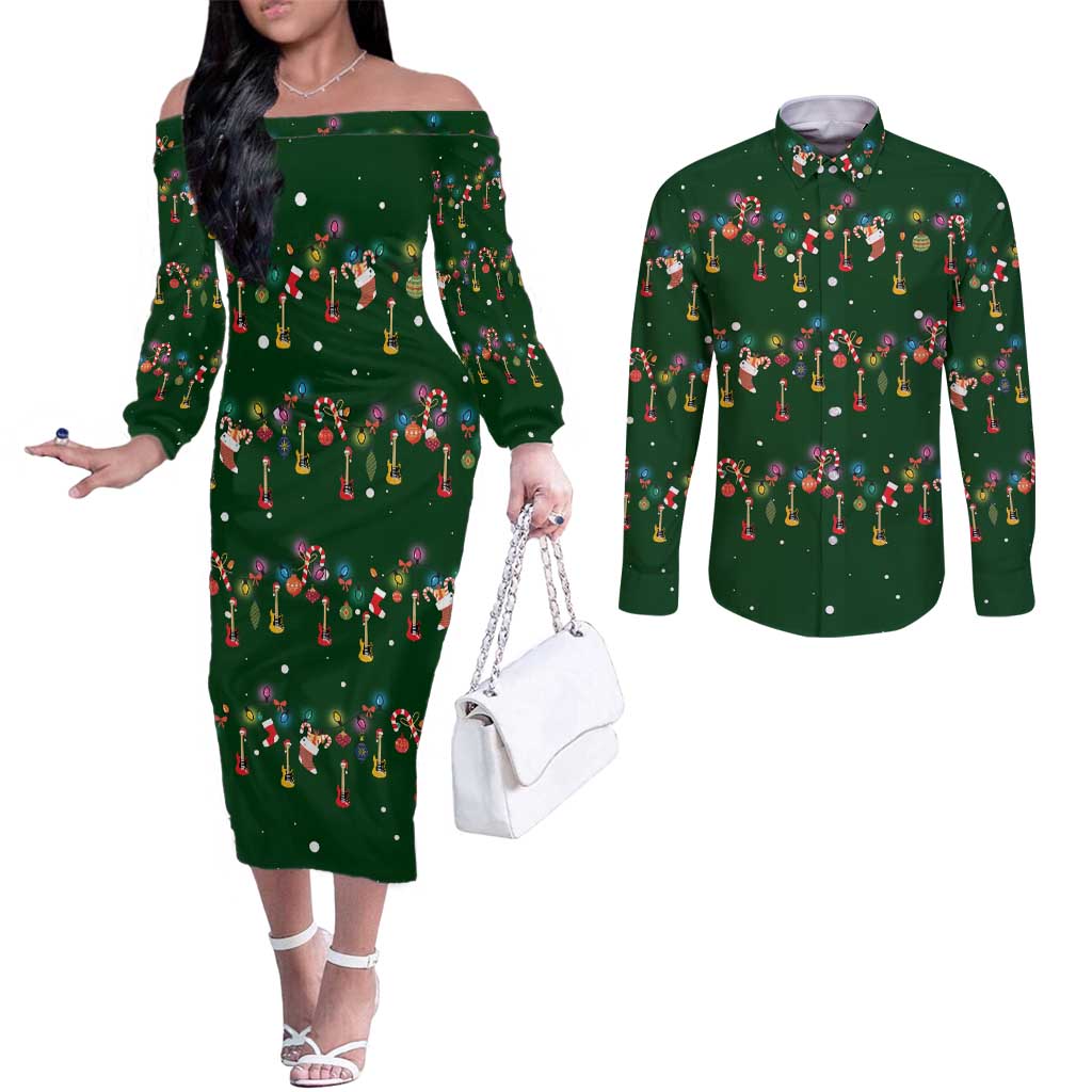 Ornaments on Green Snowy Background Couples Matching Off The Shoulder Long Sleeve Dress and Long Sleeve Button Shirt with Electric Guitars Santa Candy Canes - Wonder Print Shop
