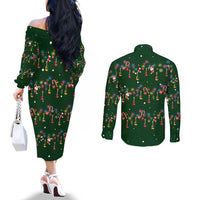 Ornaments on Green Snowy Background Couples Matching Off The Shoulder Long Sleeve Dress and Long Sleeve Button Shirt with Electric Guitars Santa Candy Canes - Wonder Print Shop