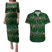 Ornaments on Green Snowy Background Couples Matching Puletasi and Hawaiian Shirt with Electric Guitars Santa Candy Canes - Wonder Print Shop