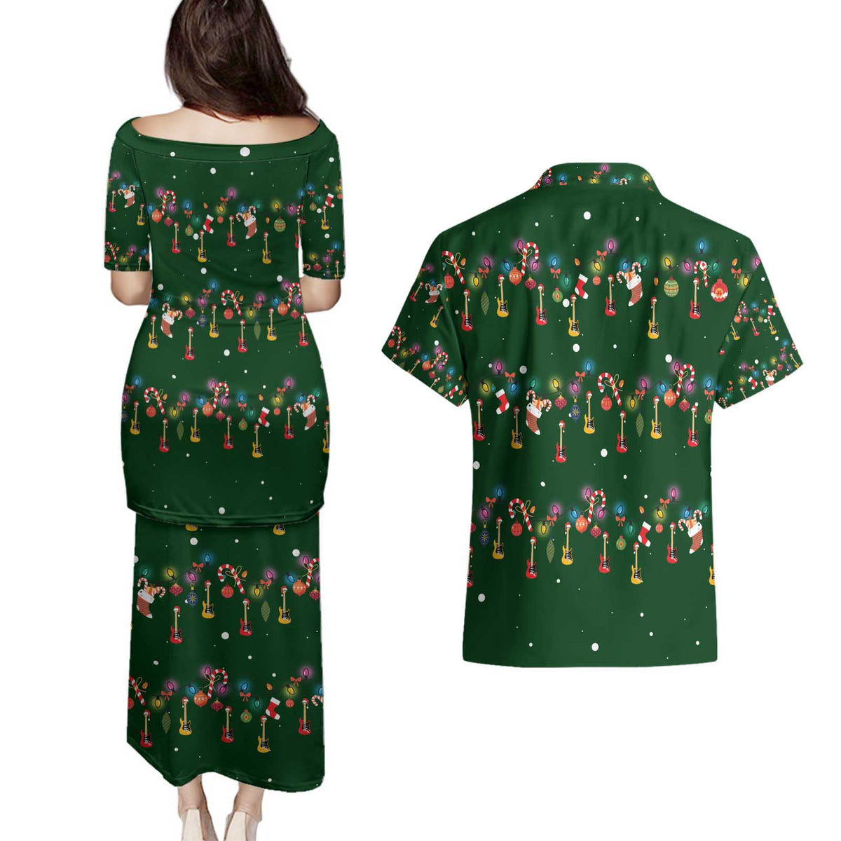 Ornaments on Green Snowy Background Couples Matching Puletasi and Hawaiian Shirt with Electric Guitars Santa Candy Canes - Wonder Print Shop