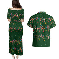 Ornaments on Green Snowy Background Couples Matching Puletasi and Hawaiian Shirt with Electric Guitars Santa Candy Canes - Wonder Print Shop