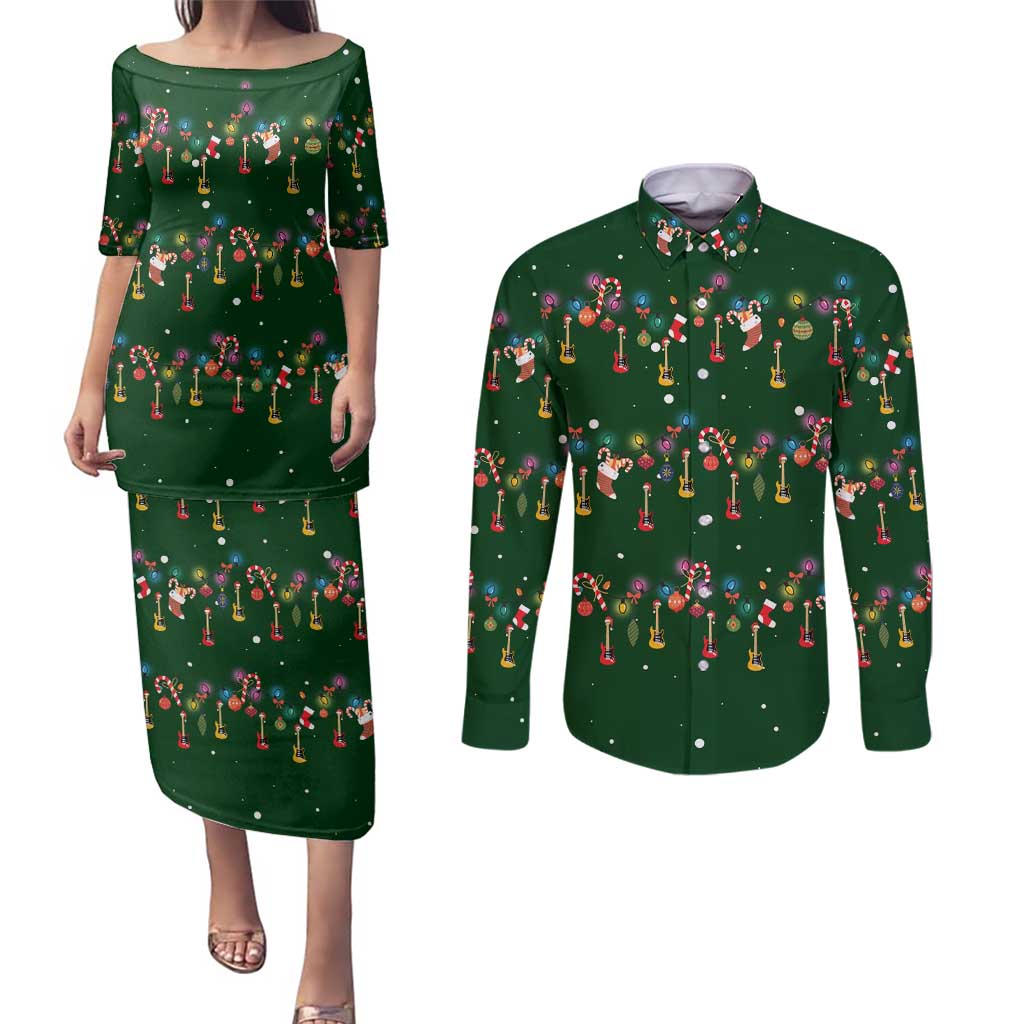 Ornaments on Green Snowy Background Couples Matching Puletasi and Long Sleeve Button Shirt with Electric Guitars Santa Candy Canes - Wonder Print Shop
