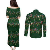 Ornaments on Green Snowy Background Couples Matching Puletasi and Long Sleeve Button Shirt with Electric Guitars Santa Candy Canes - Wonder Print Shop
