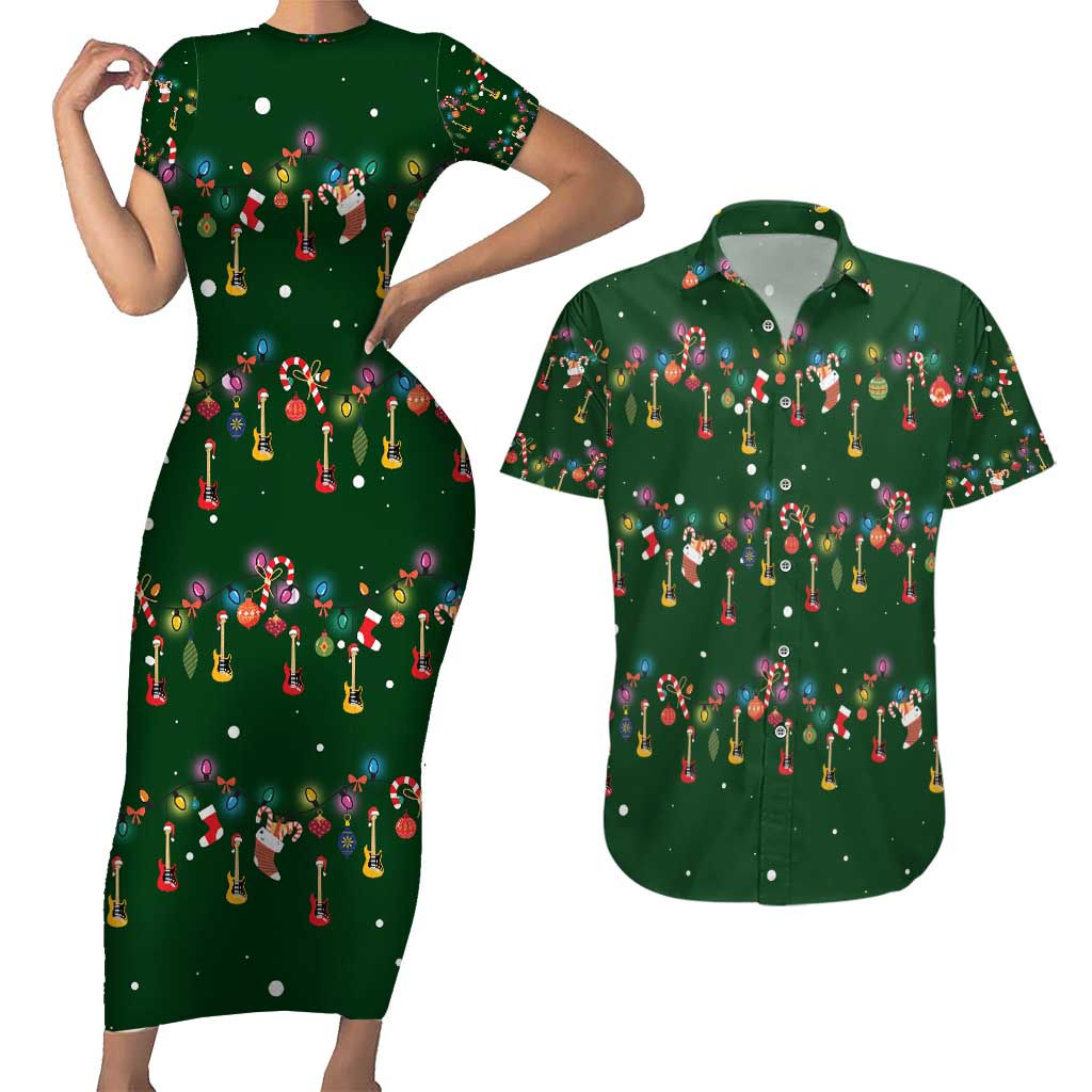 Ornaments on Green Snowy Background Couples Matching Short Sleeve Bodycon Dress and Hawaiian Shirt with Electric Guitars Santa Candy Canes - Wonder Print Shop