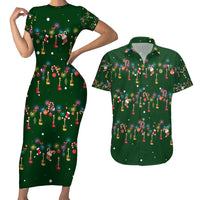 Ornaments on Green Snowy Background Couples Matching Short Sleeve Bodycon Dress and Hawaiian Shirt with Electric Guitars Santa Candy Canes - Wonder Print Shop
